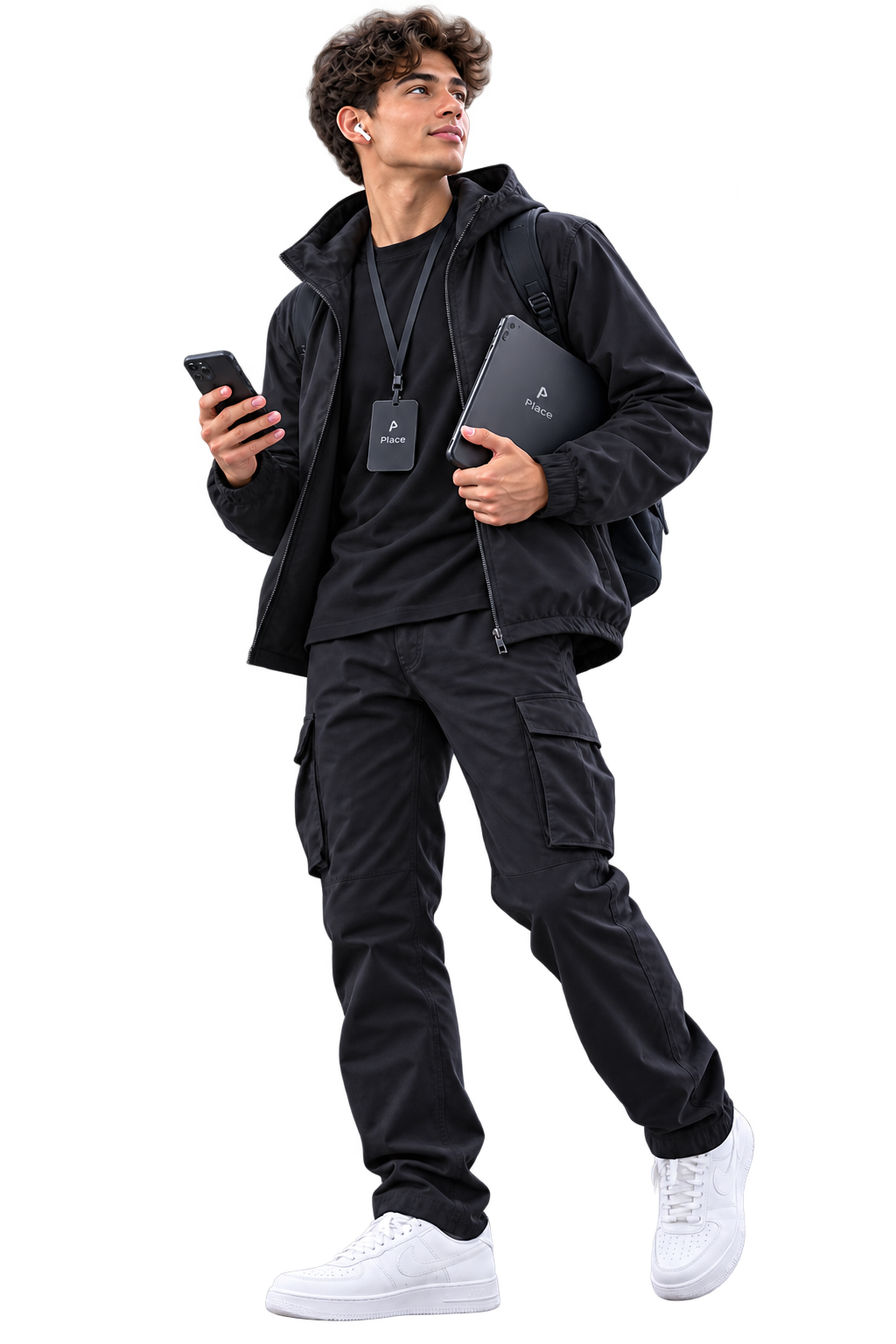 Place Field Agent mit Smartphone, Tablet und Dienstausweis